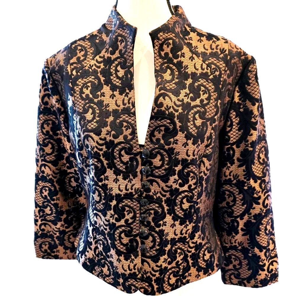Vtg 90s Jessica Howard Brocade Jacket Womens 8 Black Gold Metallic Damask Formal
